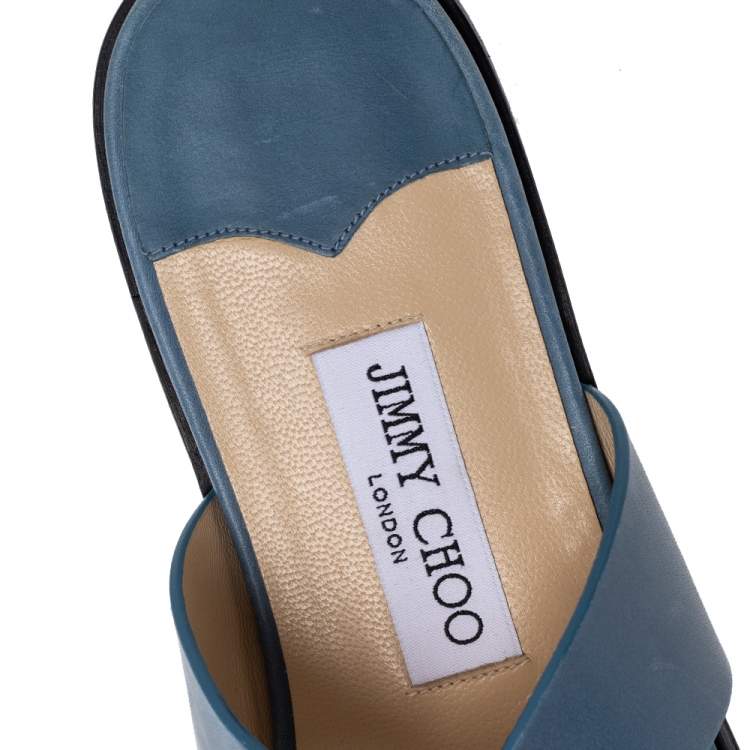 Pre Owned Jimmy Choo Blue Leather Atia Crossover Strap Flat Slides Size 40