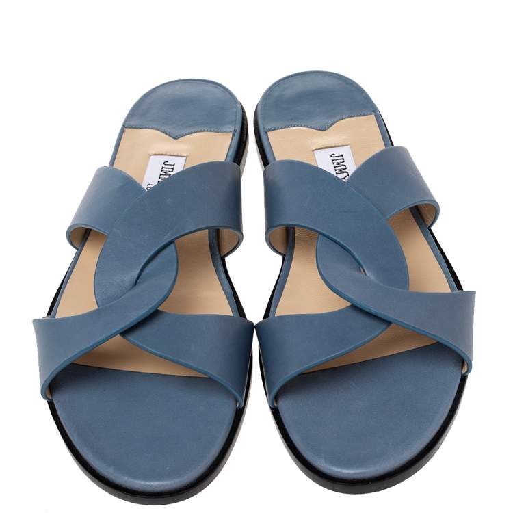 Pre Owned Jimmy Choo Blue Leather Atia Crossover Strap Flat Slides Size 40