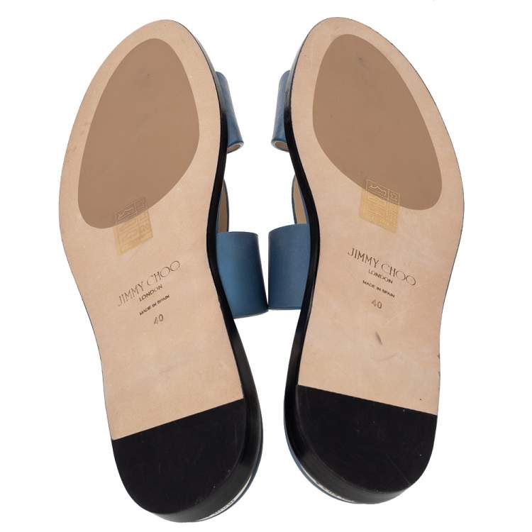 Pre Owned Jimmy Choo Blue Leather Atia Crossover Strap Flat Slides Size 40