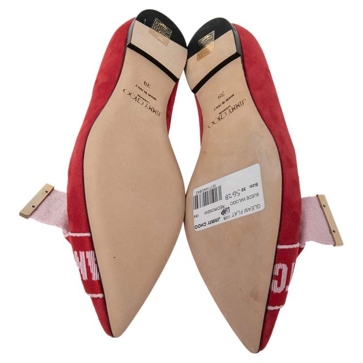 Pre Owned Jimmy Choo Red Suede Logo Bow Gleam Pointed Toe Ballet Flats Size 39