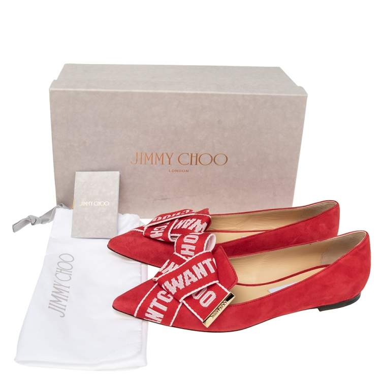 Pre Owned Jimmy Choo Red Suede Logo Bow Gleam Pointed Toe Ballet Flats Size 39