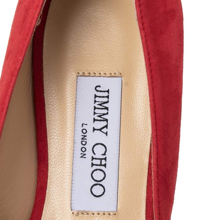 Pre Owned Jimmy Choo Red Suede Logo Bow Gleam Pointed Toe Ballet Flats Size 39
