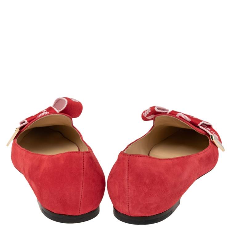 Pre Owned Jimmy Choo Red Suede Logo Bow Gleam Pointed Toe Ballet Flats Size 39