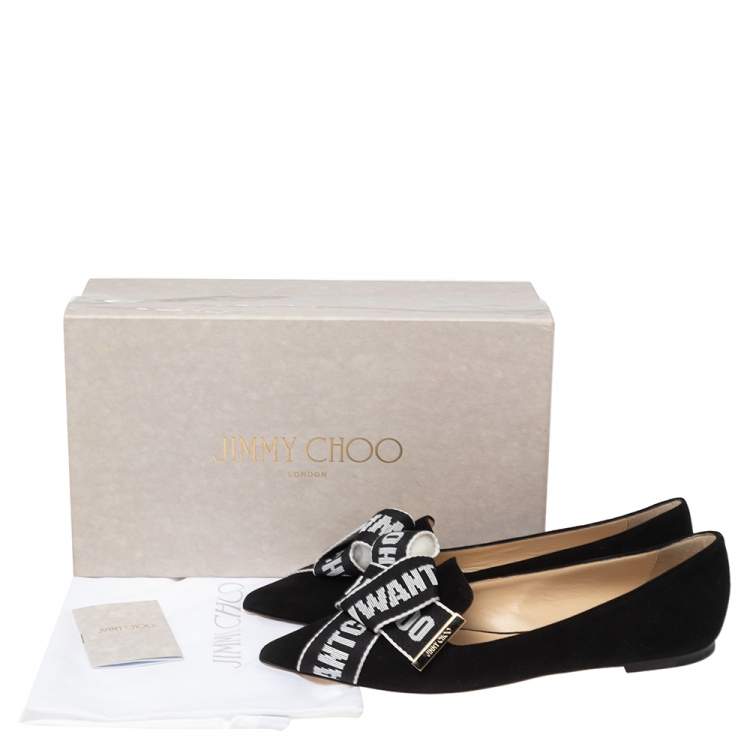 Pre Owned Jimmy Choo Black Suede Logo Bow Gleam Pointed Toe Ballet Flats Size 40