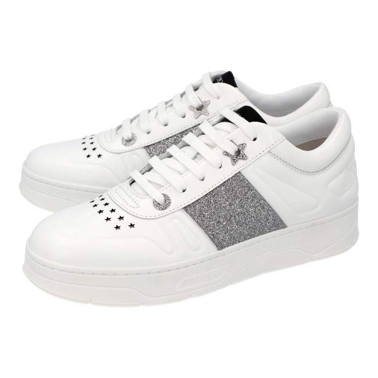 مملوكة مسبقًا Jimmy Choo White/Silver Calf Leather Coarse Glitter Stripe Hawaii Sneakers Size EU 36