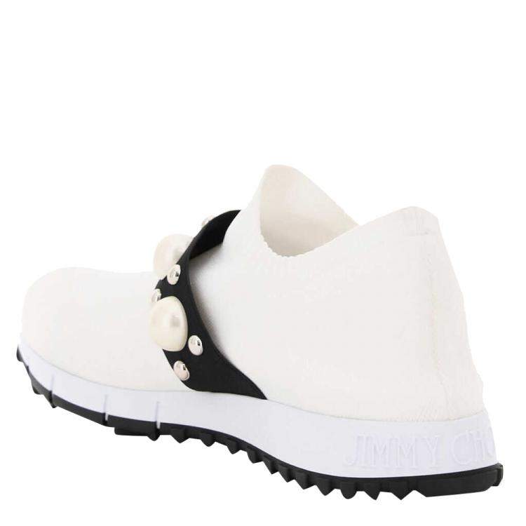 Pre Owned Jimmy Choo White/Black Pearls And Studs embellished Verona Sneakers Size IT 36