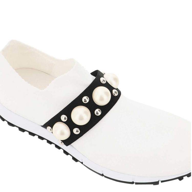 Pre Owned Jimmy Choo White/Black Pearls And Studs embellished Verona Sneakers Size IT 36