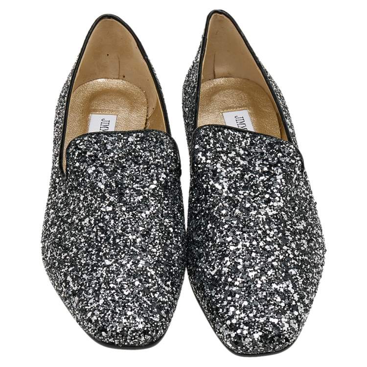 Pre Owned Jimmy Choo Black/Silver Glitter Wheel Smoking Slippers Size 39.5