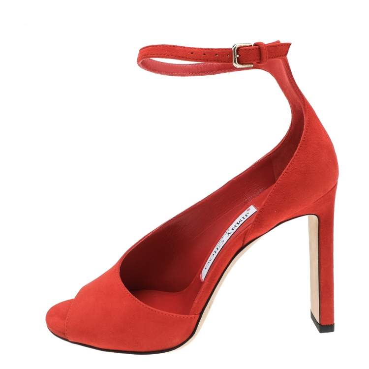 Pre Owned Jimmy Choo Orange Suede Theresa Peep Toe Ankle Strap Sandals Size 35
