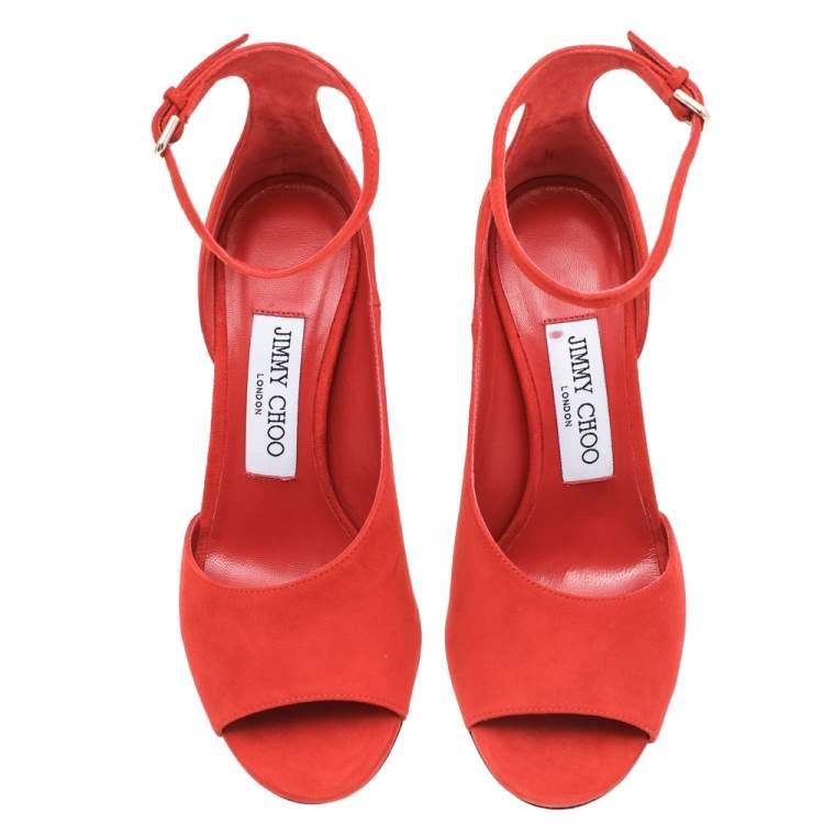 Pre Owned Jimmy Choo Orange Suede Theresa Peep Toe Ankle Strap Sandals Size 35