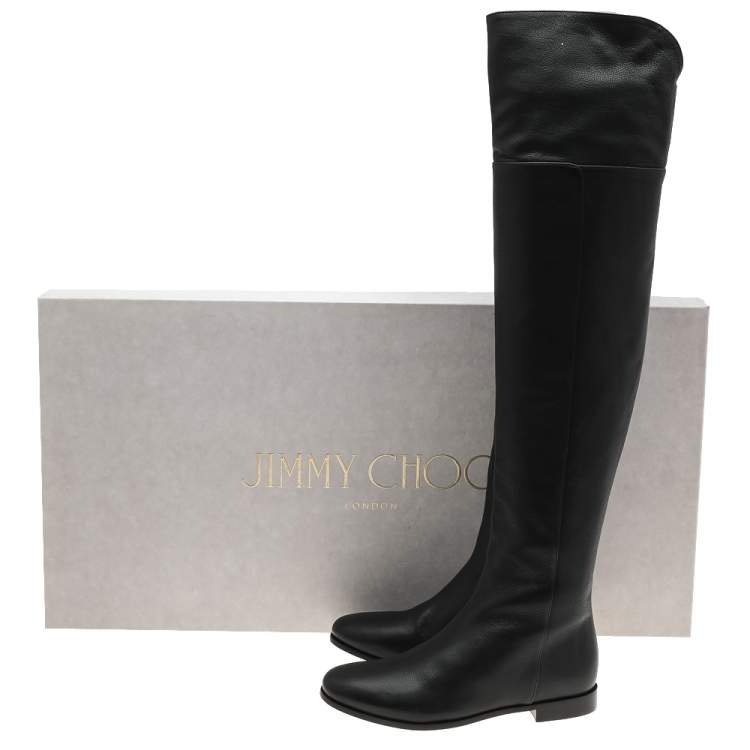 Pre Owned Jimmy Choo Black Leather Mitty Flat Over The Knee Boots Size 34.5