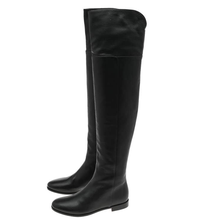 Pre Owned Jimmy Choo Black Leather Mitty Flat Over The Knee Boots Size 34.5