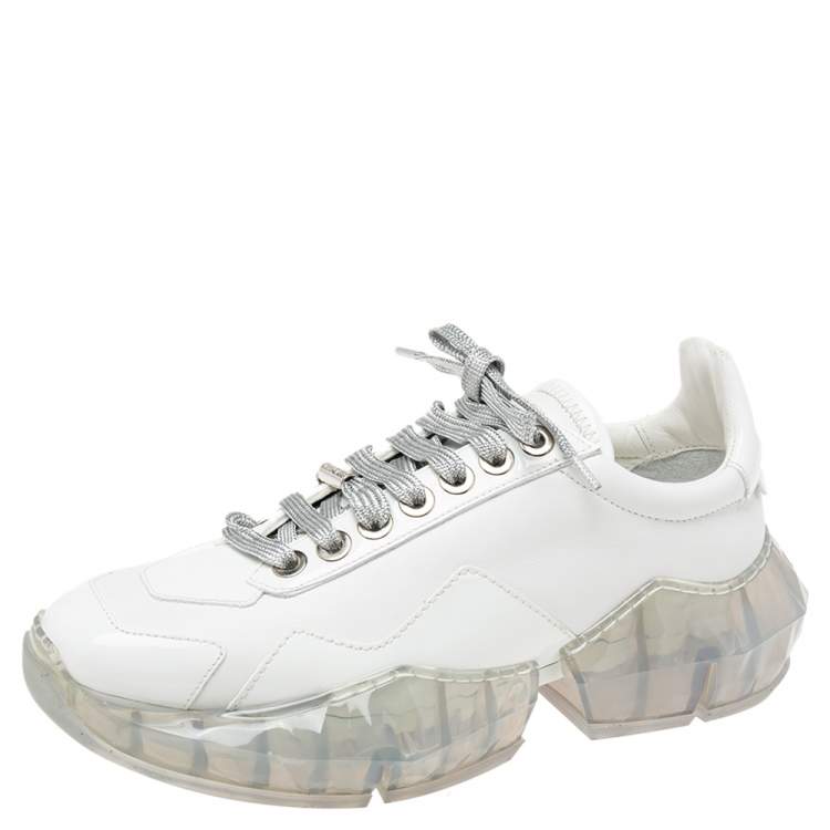 Pre Owned Jimmy Choo White Patent and Leather Diamond Low-Top Sneakers Size 38