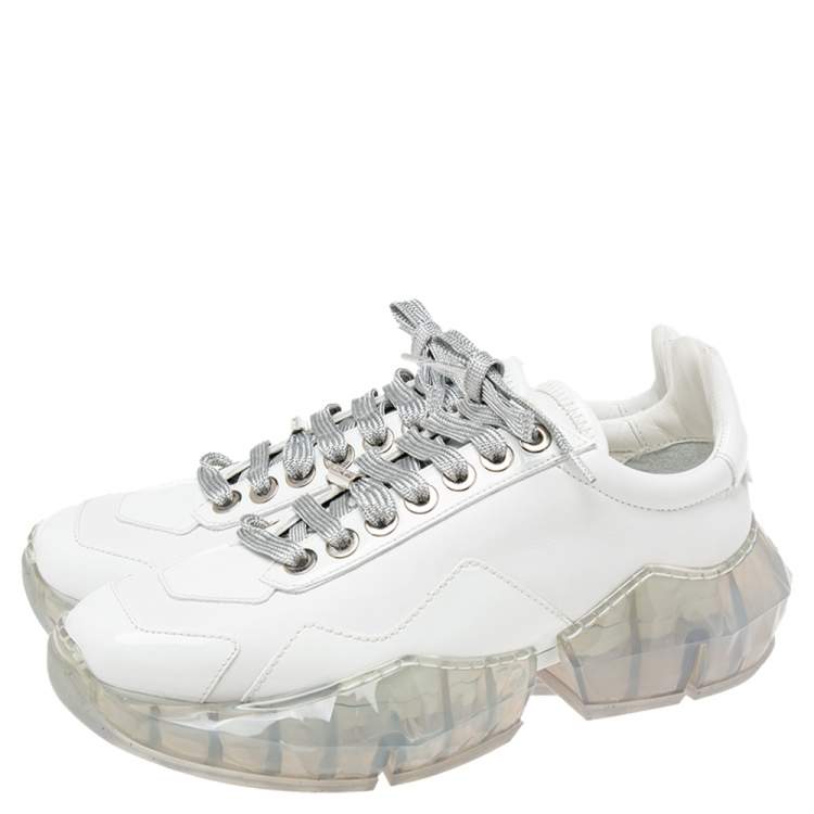 Pre Owned Jimmy Choo White Patent and Leather Diamond Low-Top Sneakers Size 38