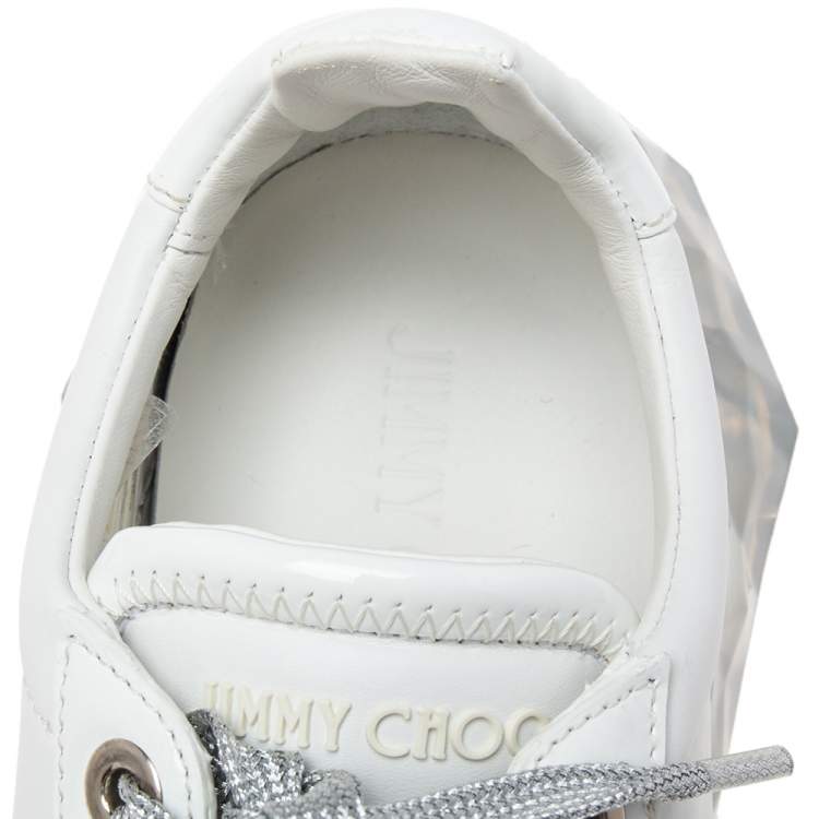 Pre Owned Jimmy Choo White Patent and Leather Diamond Low-Top Sneakers Size 38
