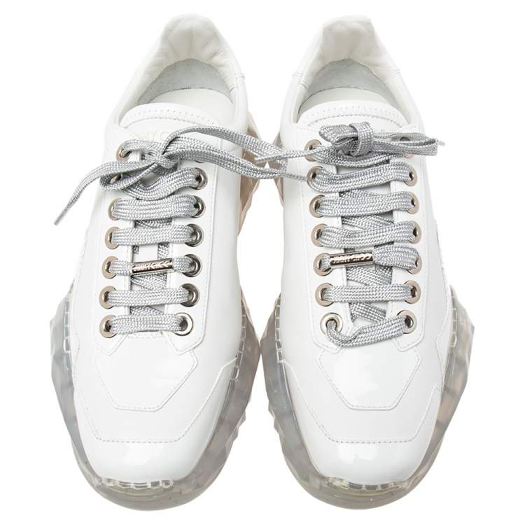 Pre Owned Jimmy Choo White Patent and Leather Diamond Low-Top Sneakers Size 38