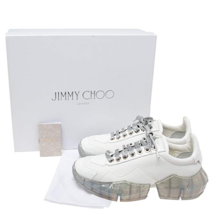 Pre Owned Jimmy Choo White Patent and Leather Diamond Low-Top Sneakers Size 38