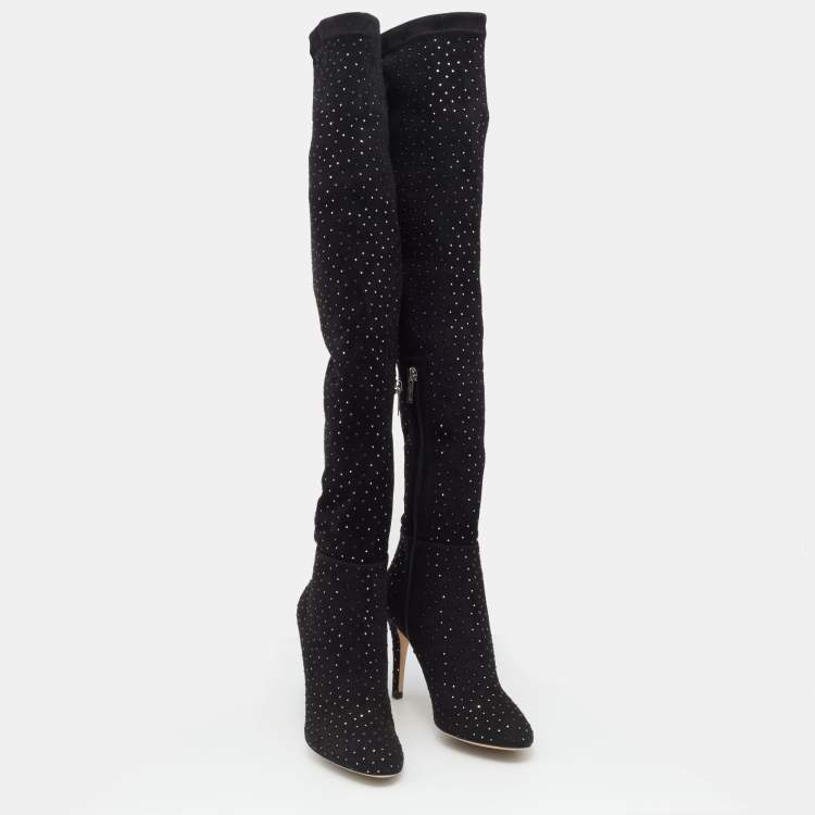 Pre Owned Jimmy Choo Black Stretch Fabric Crystal Embellished Thigh High Boots Size 36.5