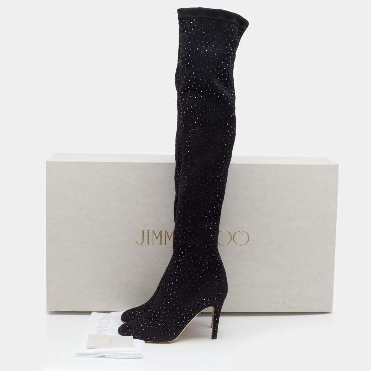 Pre Owned Jimmy Choo Black Stretch Fabric Crystal Embellished Thigh High Boots Size 36.5