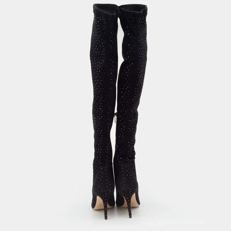 Pre Owned Jimmy Choo Black Stretch Fabric Crystal Embellished Thigh High Boots Size 36.5