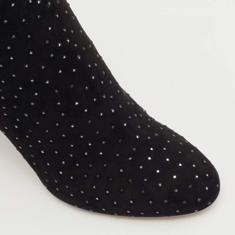 Pre Owned Jimmy Choo Black Stretch Fabric Crystal Embellished Thigh High Boots Size 36.5