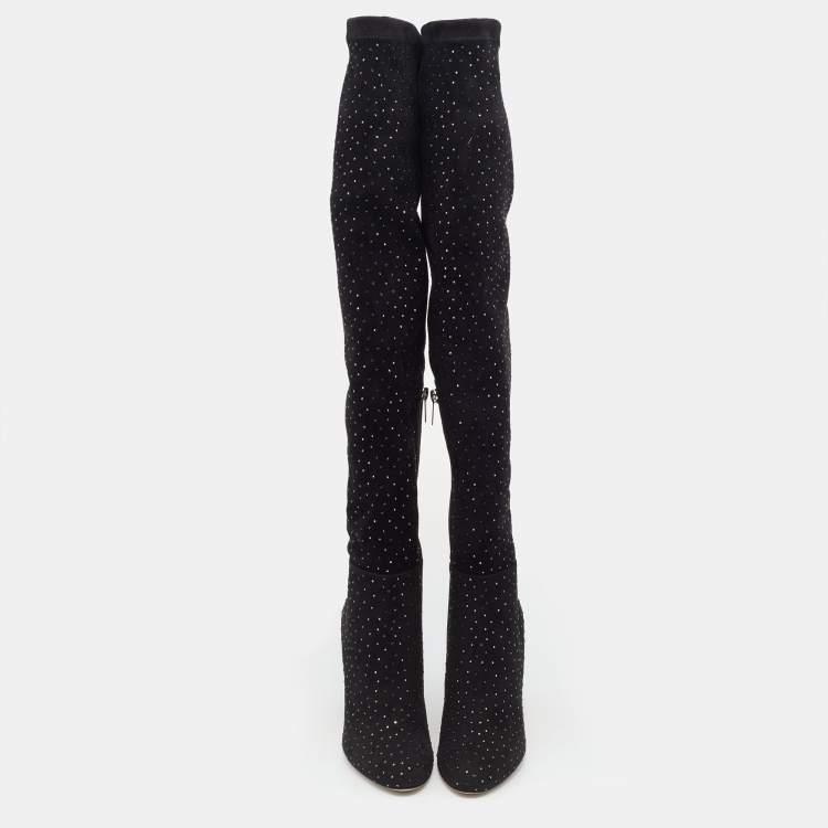 Pre Owned Jimmy Choo Black Stretch Fabric Crystal Embellished Thigh High Boots Size 36.5