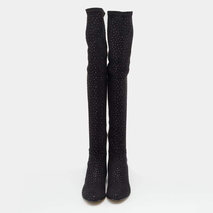 Pre Owned Jimmy Choo Black Stretch Fabric Myren Crystal Embellished Thigh High Boots Size 37.5