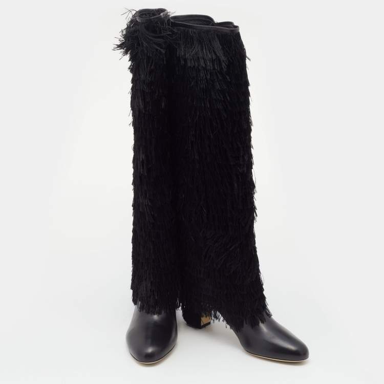 Pre Owned Jimmy Choo Black Leather Magalie Fringes Block Heel Knee Length Boots Size 40
