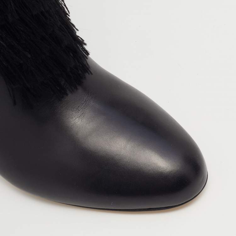 Pre Owned Jimmy Choo Black Leather Magalie Fringes Block Heel Knee Length Boots Size 40