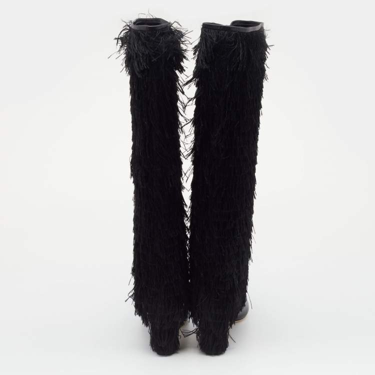 Pre Owned Jimmy Choo Black Leather Magalie Fringes Block Heel Knee Length Boots Size 40