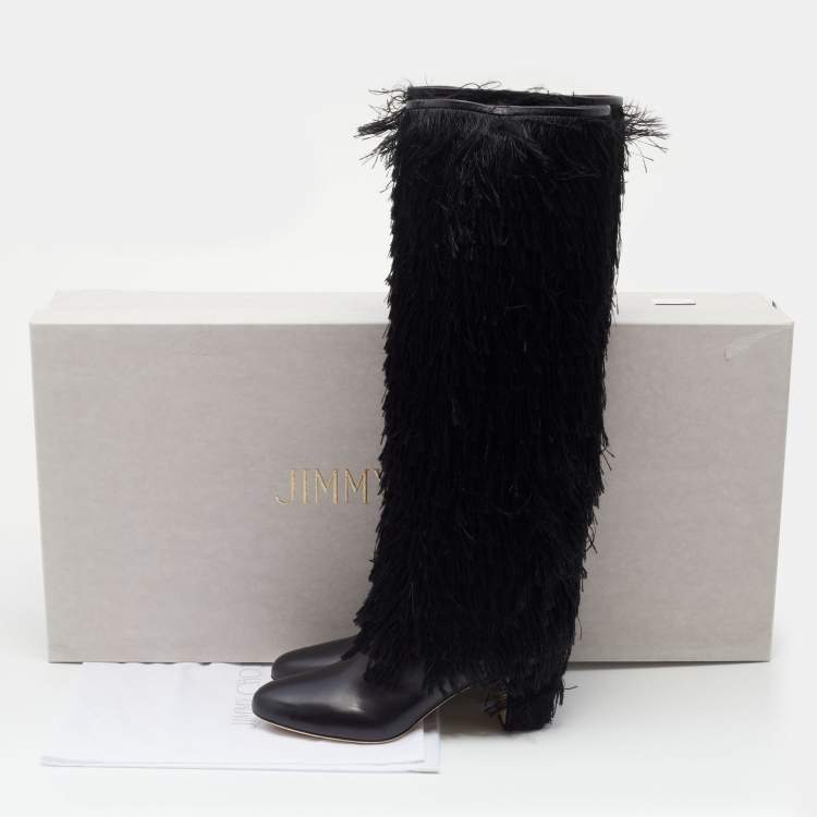 Pre Owned Jimmy Choo Black Leather Magalie Fringes Block Heel Knee Length Boots Size 40