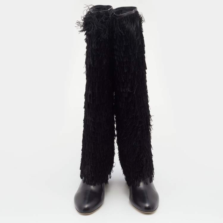 Pre Owned Jimmy Choo Black Leather Magalie Fringes Block Heel Knee Length Boots Size 40