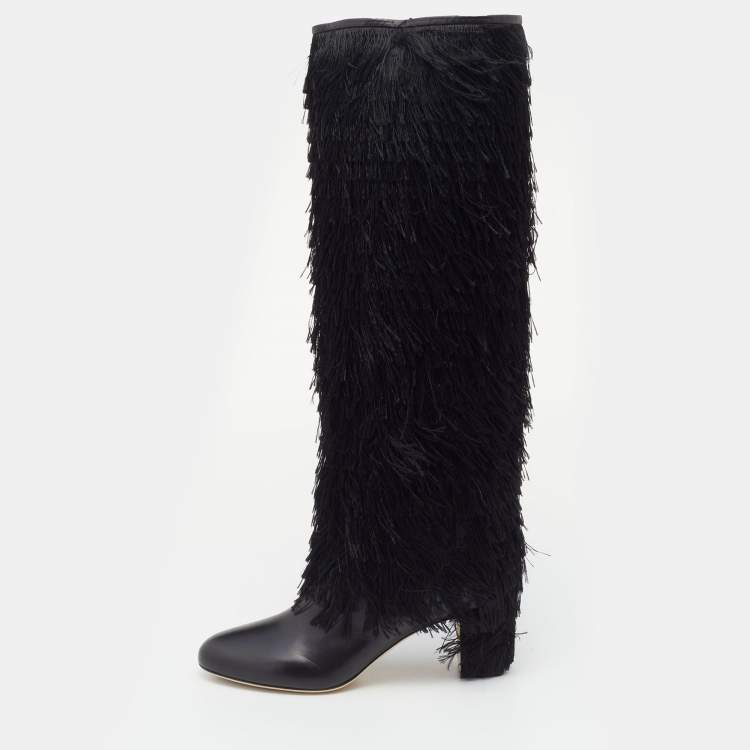 Pre Owned Jimmy Choo Black Leather Magalie Fringes Block Heel Knee Length Boots Size 40
