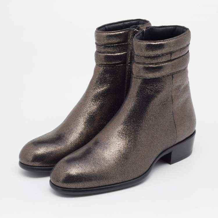 Pre Owned Jimmy Choo Metallic Dark Brown Leather Jimi Ankle Boots Size 39