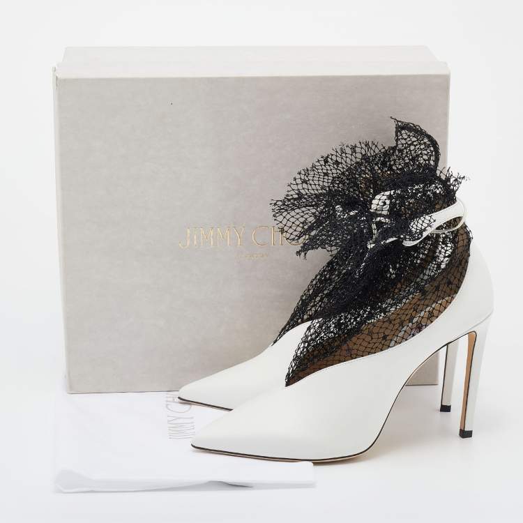 Pre Owned Jimmy Choo White/Black Leather And Polka Dot Mesh Leanne Ankle Booties Size 40