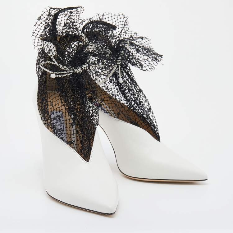 Pre Owned Jimmy Choo White/Black Leather And Polka Dot Mesh Leanne Ankle Booties Size 40