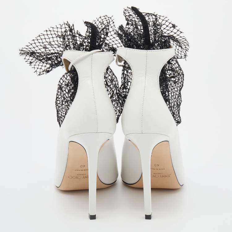 Pre Owned Jimmy Choo White/Black Leather And Polka Dot Mesh Leanne Ankle Booties Size 40