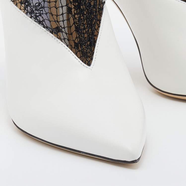 Pre Owned Jimmy Choo White/Black Leather And Polka Dot Mesh Leanne Ankle Booties Size 40