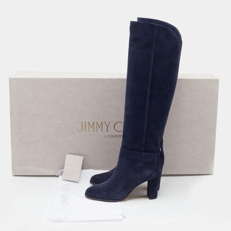 Pre Owned Jimmy Choo Navy Blue Suede Madalie Knee Length Boots Size 35