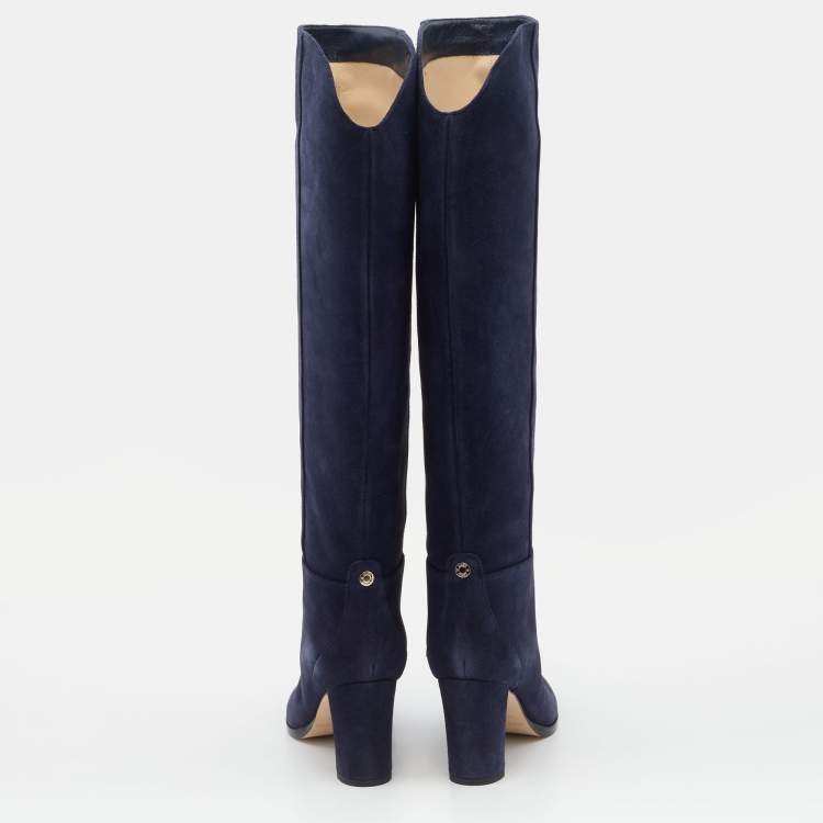 Pre Owned Jimmy Choo Navy Blue Suede Madalie Knee Length Boots Size 35
