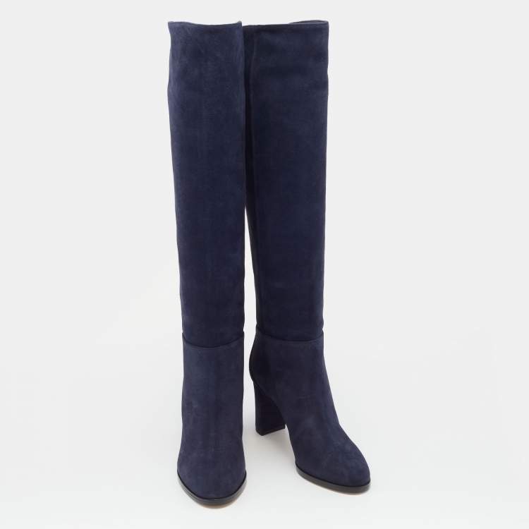 Pre Owned Jimmy Choo Navy Blue Suede Madalie Knee Length Boots Size 35