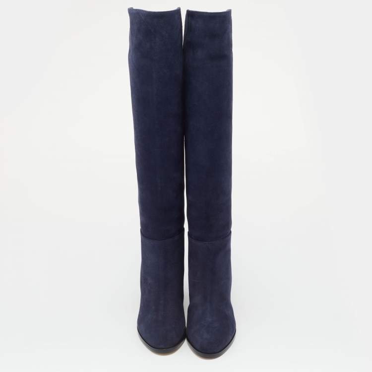 Pre Owned Jimmy Choo Navy Blue Suede Madalie Knee Length Boots Size 35