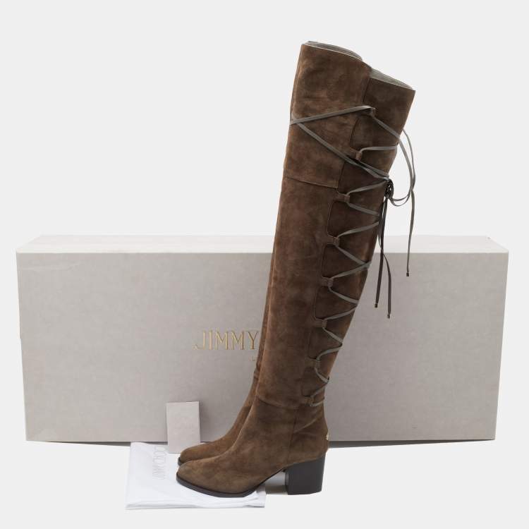 Pre Owned Jimmy Choo Mink Brown Suede And Leather Mayfair Block Heel Thigh High Boots Size 36.5