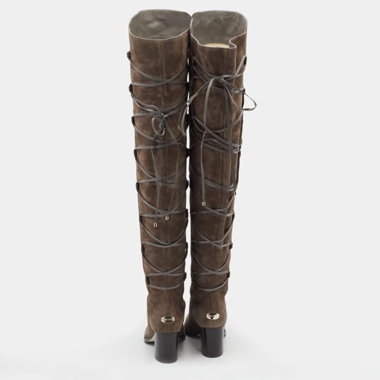 Pre Owned Jimmy Choo Mink Brown Suede And Leather Mayfair Block Heel Thigh High Boots Size 36.5