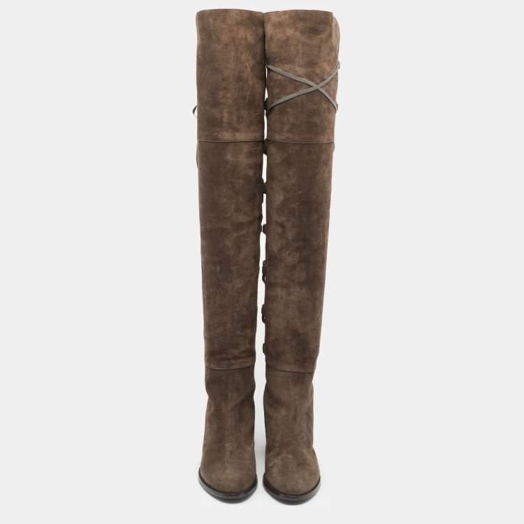 Pre Owned Jimmy Choo Mink Brown Suede And Leather Mayfair Block Heel Thigh High Boots Size 36.5