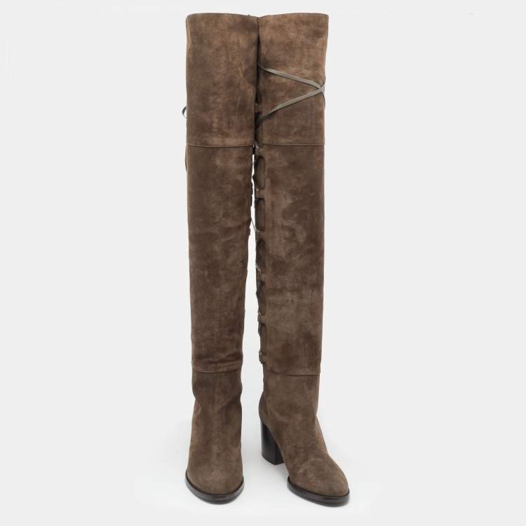 Pre Owned Jimmy Choo Mink Brown Suede And Leather Mayfair Block Heel Thigh High Boots Size 36.5