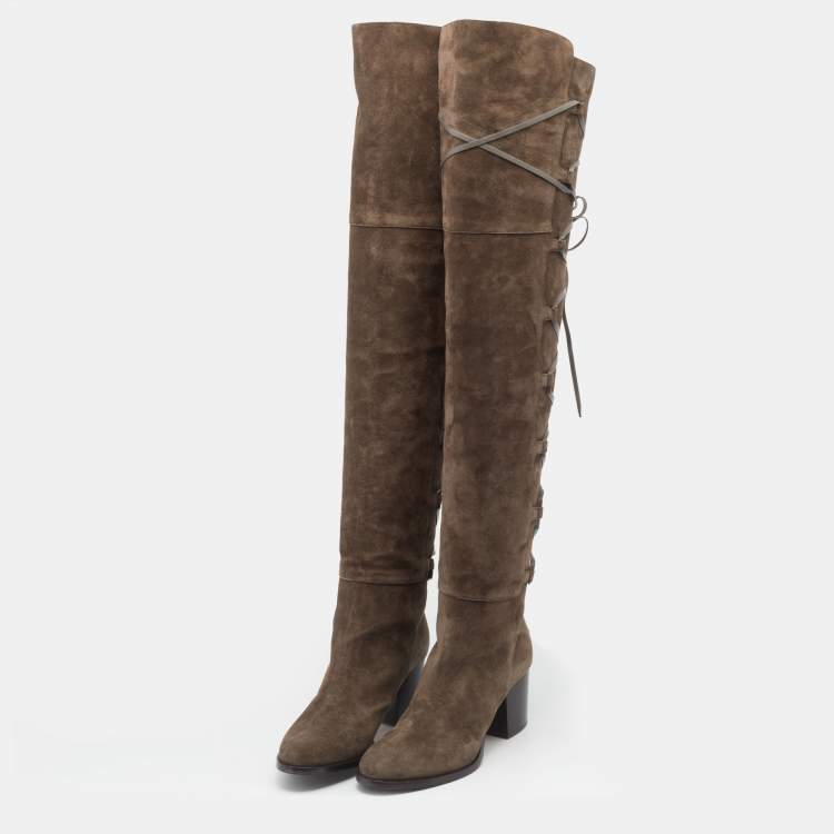 Pre Owned Jimmy Choo Mink Brown Suede And Leather Mayfair Block Heel Thigh High Boots Size 36.5