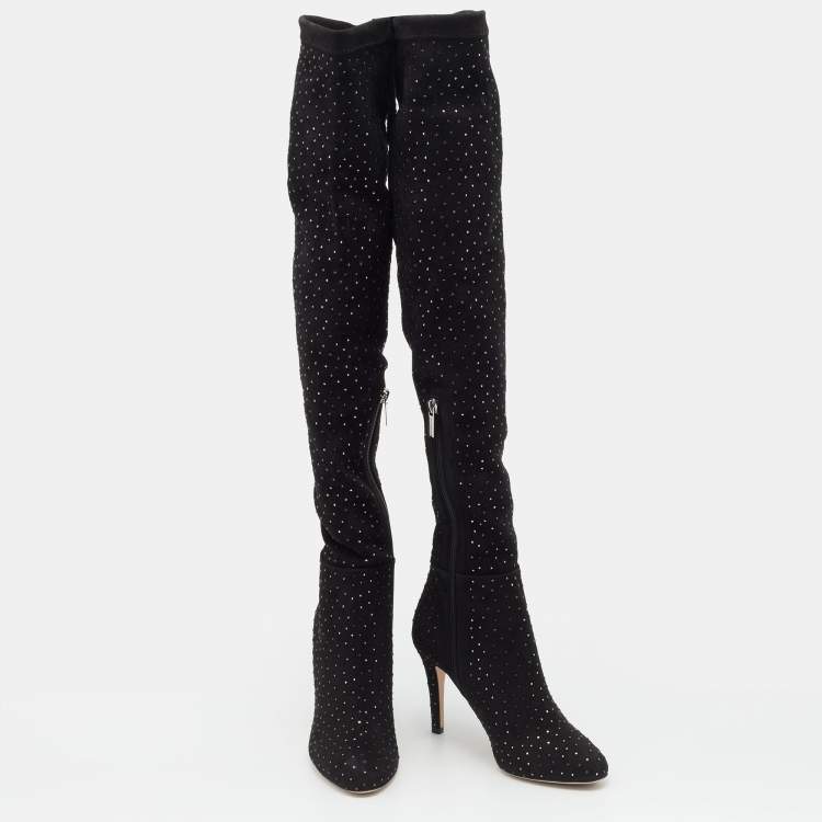 مملوكة مسبقًا Jimmy Choo Black Stretch Fabric Toni Crystal Embellished Thigh High Boots Size 36.5