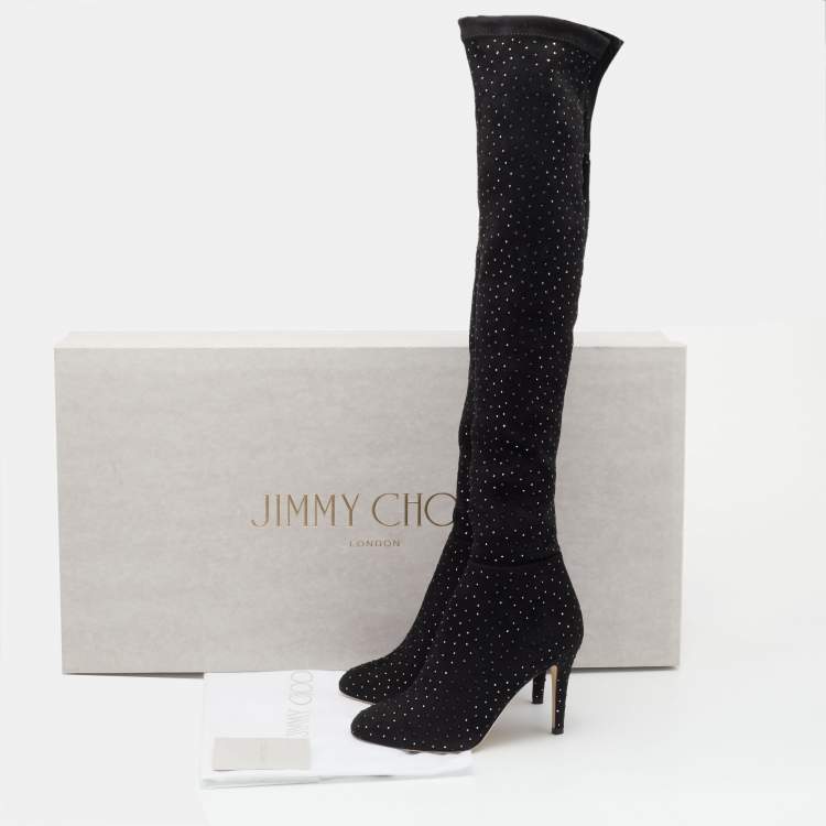 مملوكة مسبقًا Jimmy Choo Black Stretch Fabric Toni Crystal Embellished Thigh High Boots Size 36.5