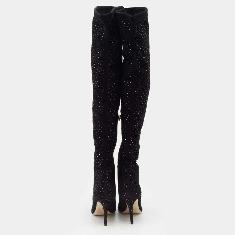 مملوكة مسبقًا Jimmy Choo Black Stretch Fabric Toni Crystal Embellished Thigh High Boots Size 36.5
